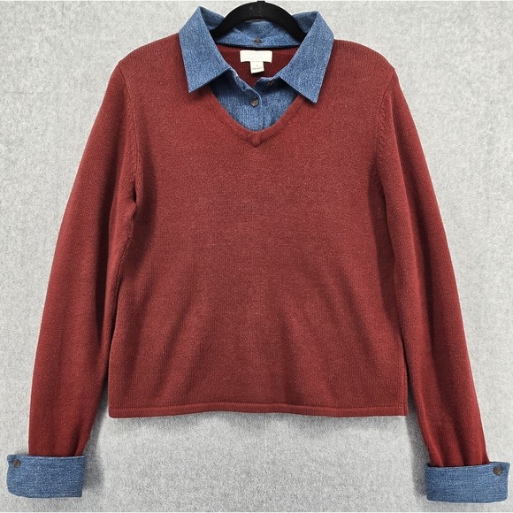 Christopher & Banks Sweaters - Vtg Christopher Banks Sweater Sz S Rust Red W/Button Detachable Denim Collar Y2K